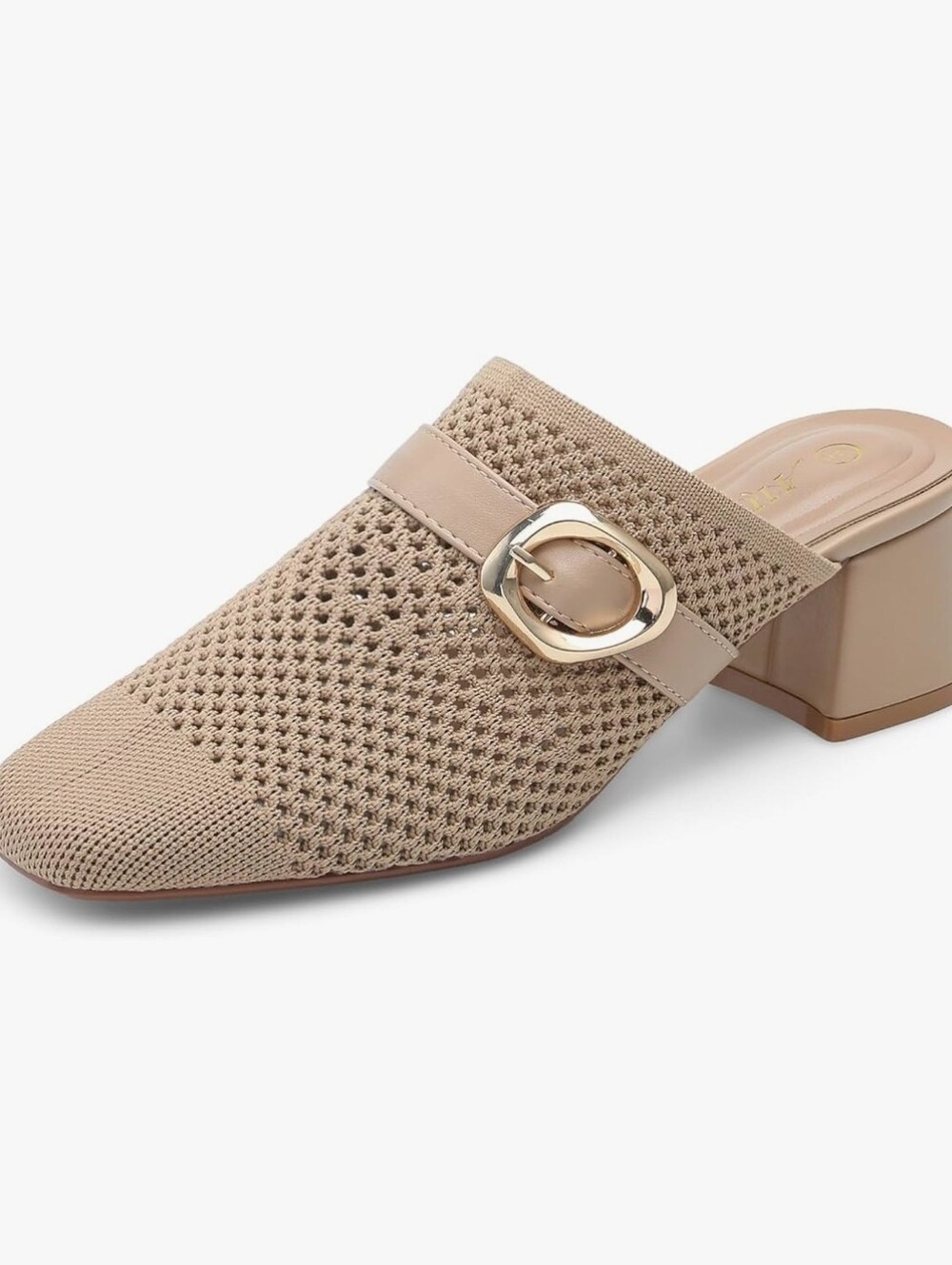👡Square Closed Toe Chunky Block Heeled Mule Comfortable Knit, Size 8.5 Beige👡